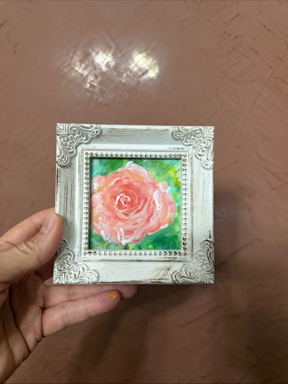 Hand-Painted Pink Rose Mini Wall Art in White Ornate Frame